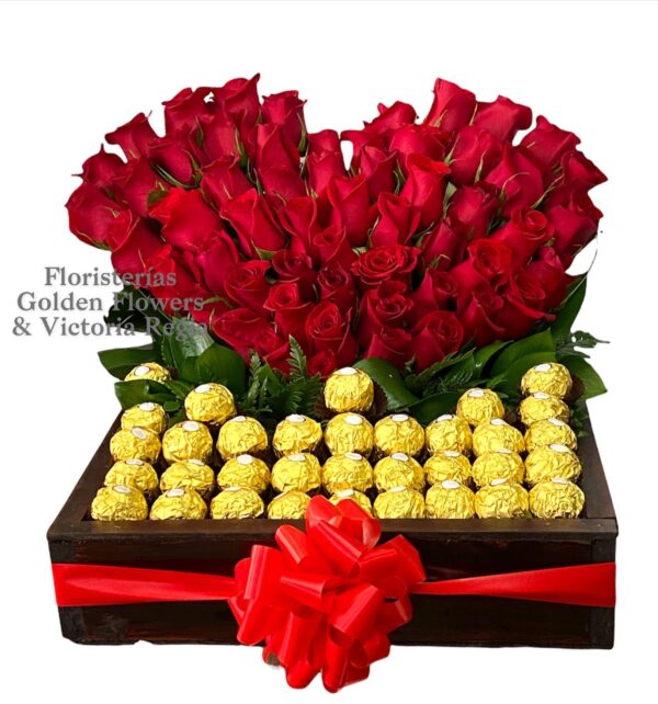 Rosas R 01 CORAZON EN ROSAS CON CHOCOLATES