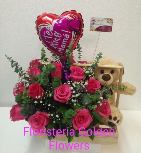 rosas R 35 Guacal en rosas con oso y globo